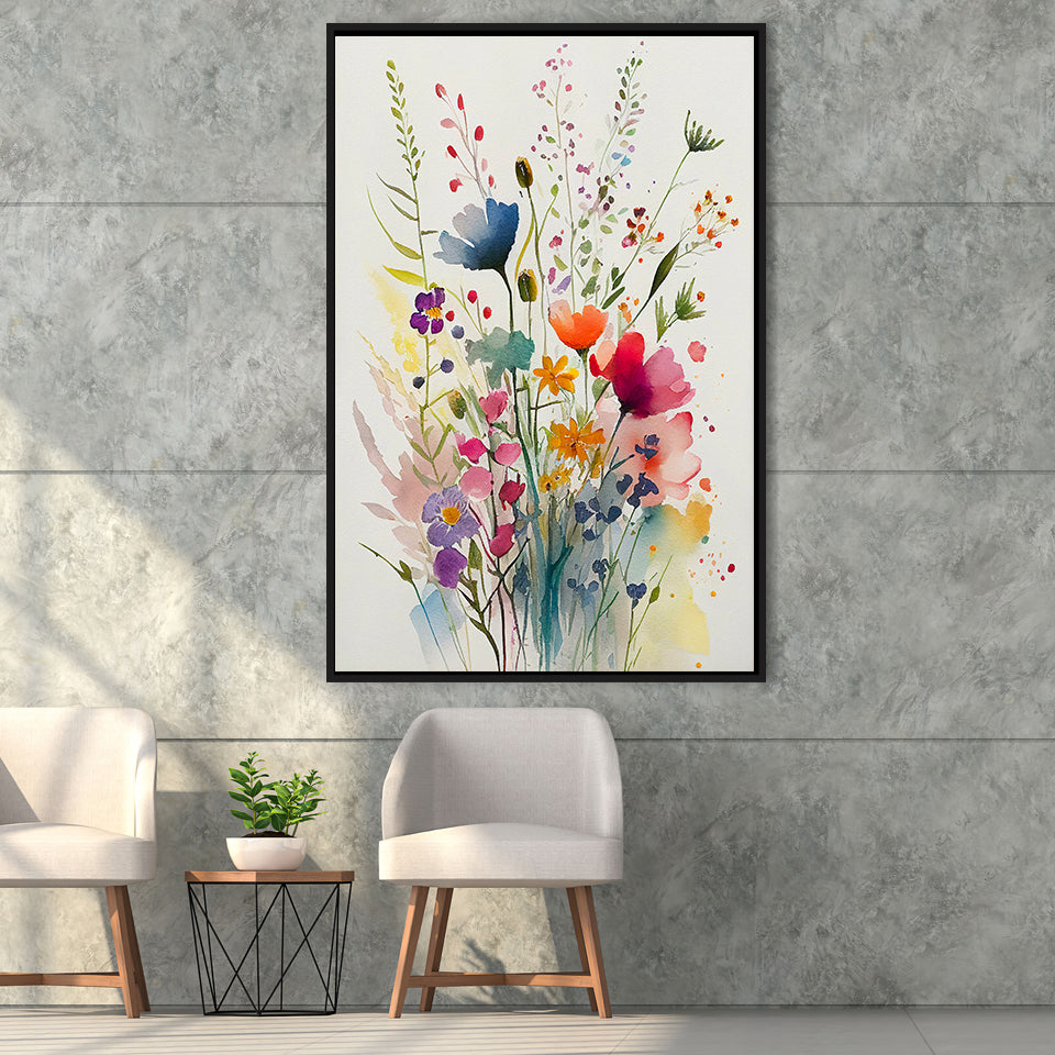 Colorful Wildflower Art, Bright Floral Watercolor Flowers V3 Framed Canvas Prints Wall Art, Floating Frame, Large Canvas