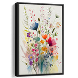 Colorful Wildflower Art, Bright Floral Watercolor Flowers V3 Framed Canvas Prints Wall Art, Floating Frame, Large Canvas