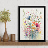 Colorful Wildflower Art, Bright Floral Watercolor Flowers V3 Framed Canvas Prints Wall Art, Floating Frame, Large Canvas