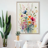 Colorful Wildflower Art, Bright Floral Watercolor Flowers V3 Framed Canvas Prints Wall Art, Floating Frame, Large Canvas