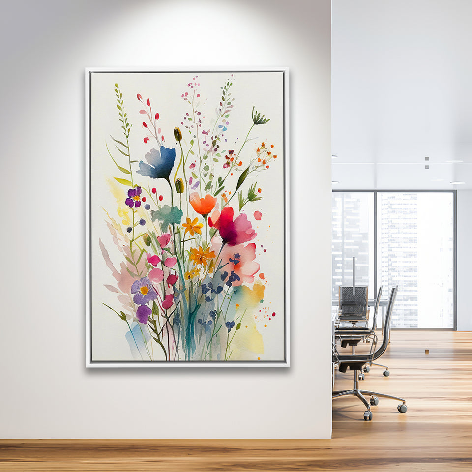 Colorful Wildflower Art, Bright Floral Watercolor Flowers V3 Framed Canvas Prints Wall Art, Floating Frame, Large Canvas