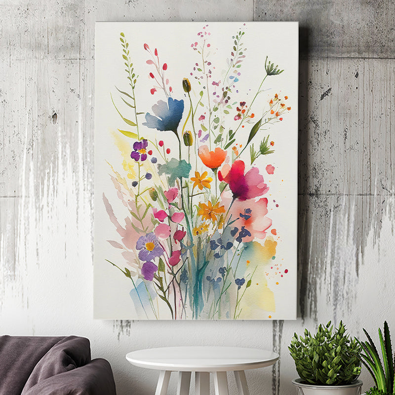 Colorful Wildflower Art, Bright Floral Watercolor Flowers V3 Canvas Prints Wall Art, Home Living Room Decor, Large Canvas