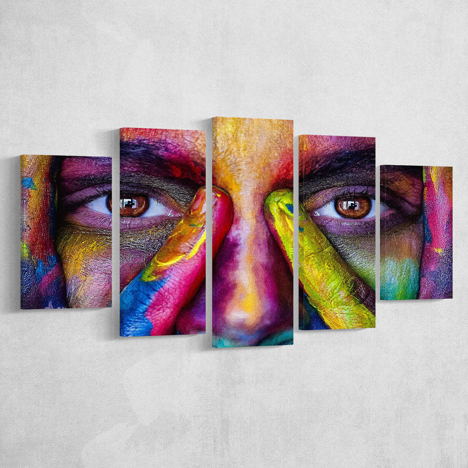 Colorful Woman Face 5 Pieces Canvas Prints Wall Art Decor - Painting Canvas, Mixed Canvas, Multi Panels
