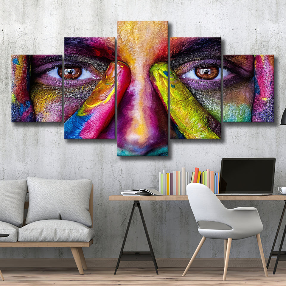Colorful Woman Face 5 Pieces Canvas Prints Wall Art Decor - Painting Canvas, Mixed Canvas, Multi Panels