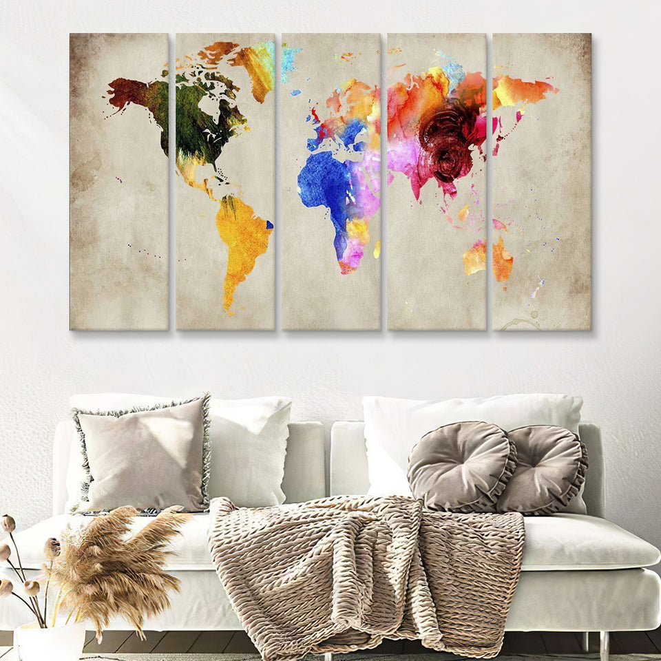 Colorful World Map 5 Pieces Canvas Prints Wall Art - Painting Canvas, Multi Panels, Wall Decor