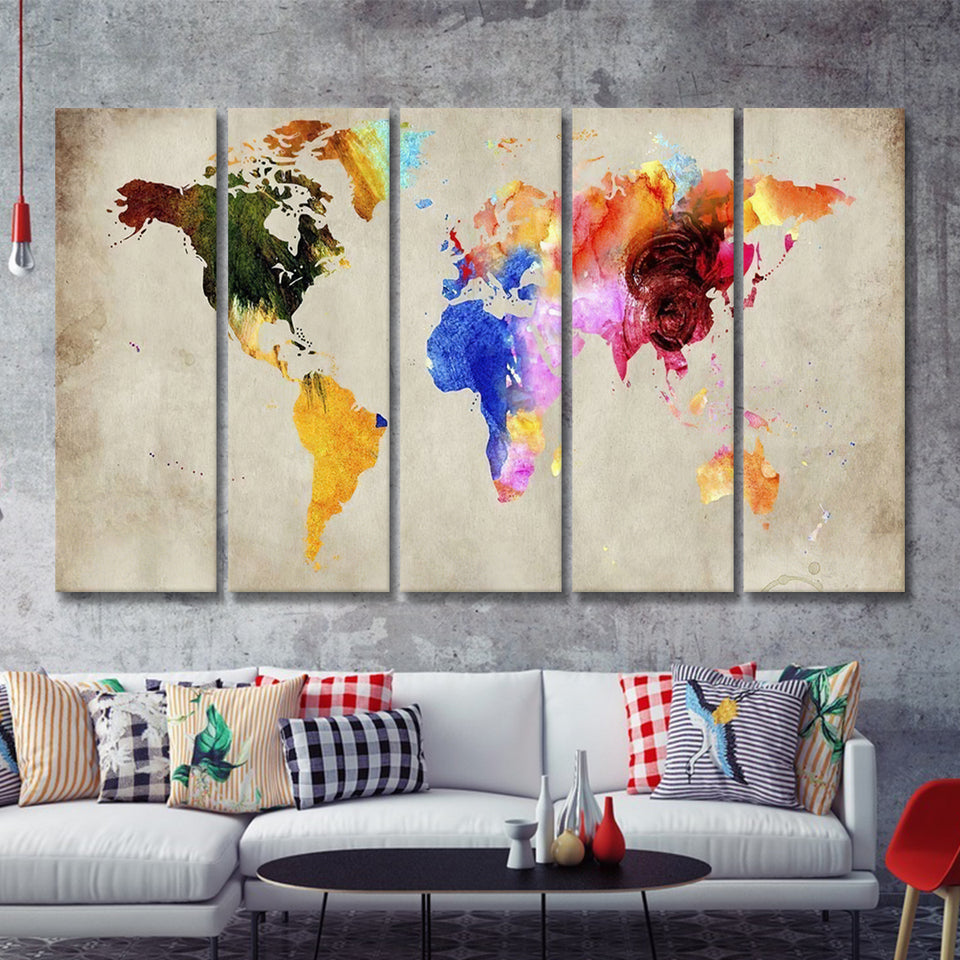 Colorful World Map 5 Pieces Canvas Prints Wall Art - Painting Canvas, Multi Panels, Wall Decor