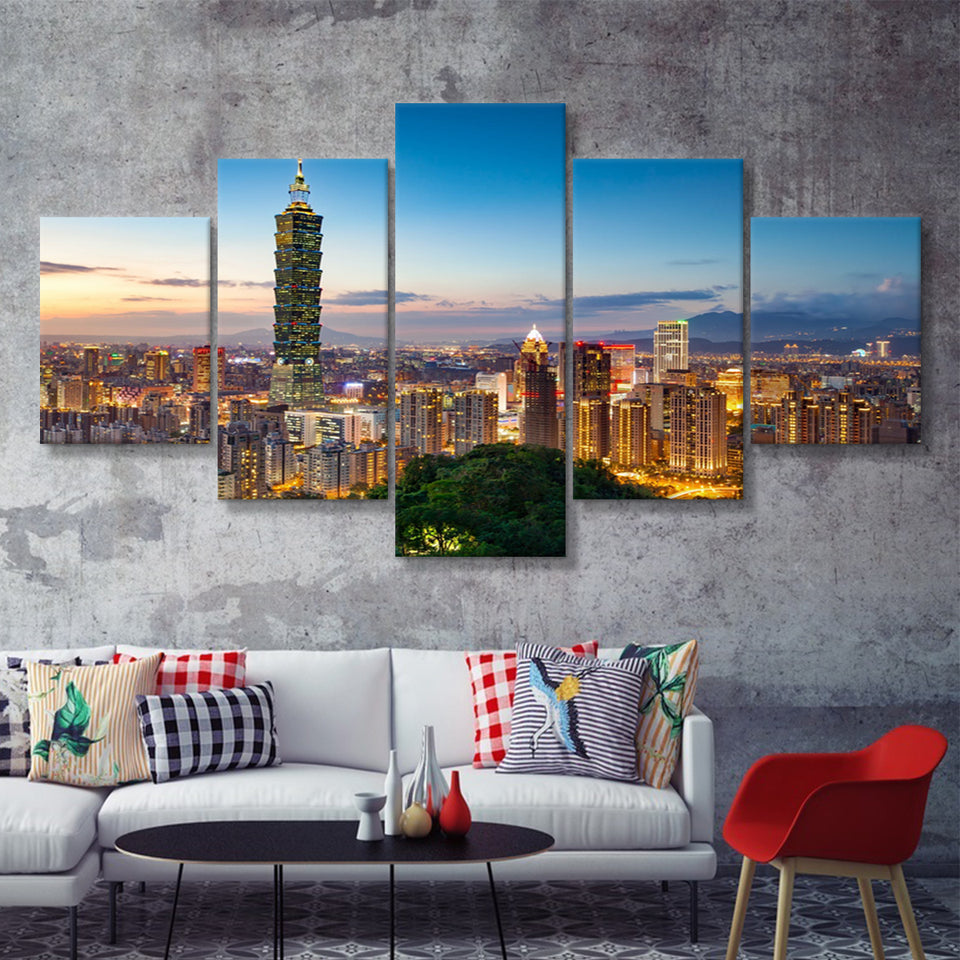 Colorful Nights At Taipei 101  5 Pieces Canvas Prints Wall Art - Painting Canvas, Multi Panels, 5 Panel, Wall Decor