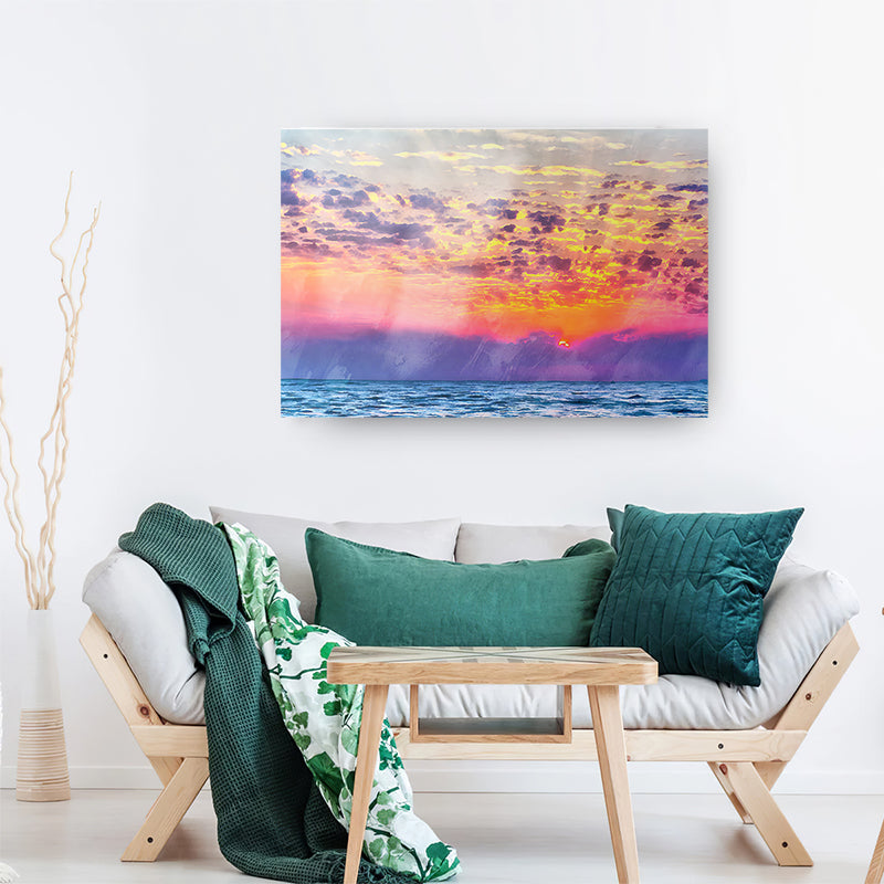 Colorful Sunset Over The Sea With Golden Sky Acrylic Print - Art Prints, Acrylic Wall Art, Wall Decor, Home Decor
