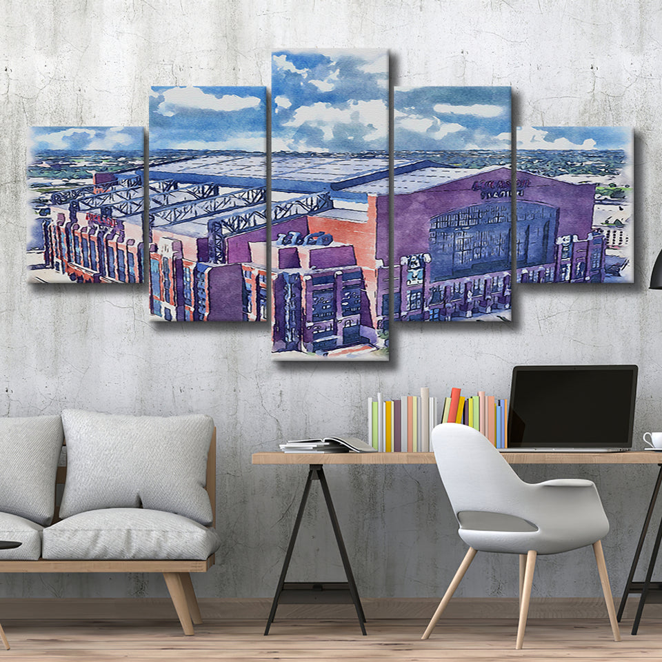 Colts Football Stadium Lucas Oil Stadium Watercolor, 5 Pieces, Multi Panel Canvas Prints Wall Art Decor