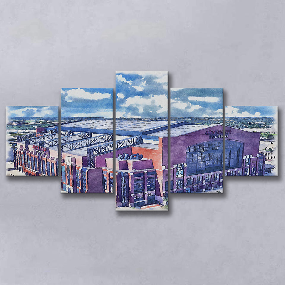 Colts Football Stadium Lucas Oil Stadium Watercolor, 5 Pieces, Multi Panel Canvas Prints Wall Art Decor