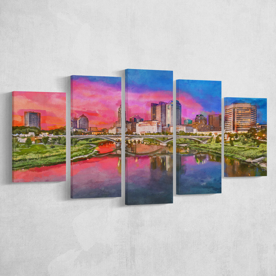 Columbus Ohio Usa Skyline On River 5 Pieces Mixed Canvas Prints Wall Art Home Decor