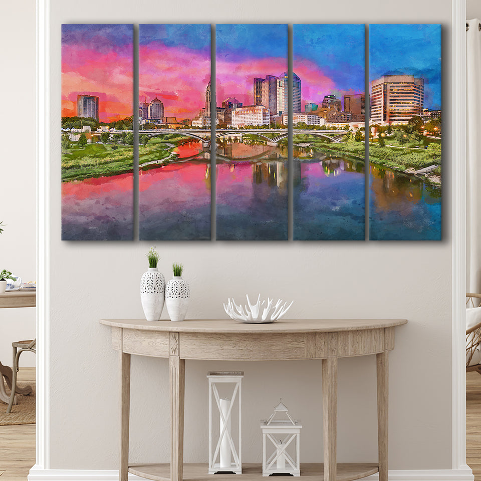 Columbus Ohio Usa Skyline On River 5 Pieces Extra Large Canvas Prints Wall Art Home Decor