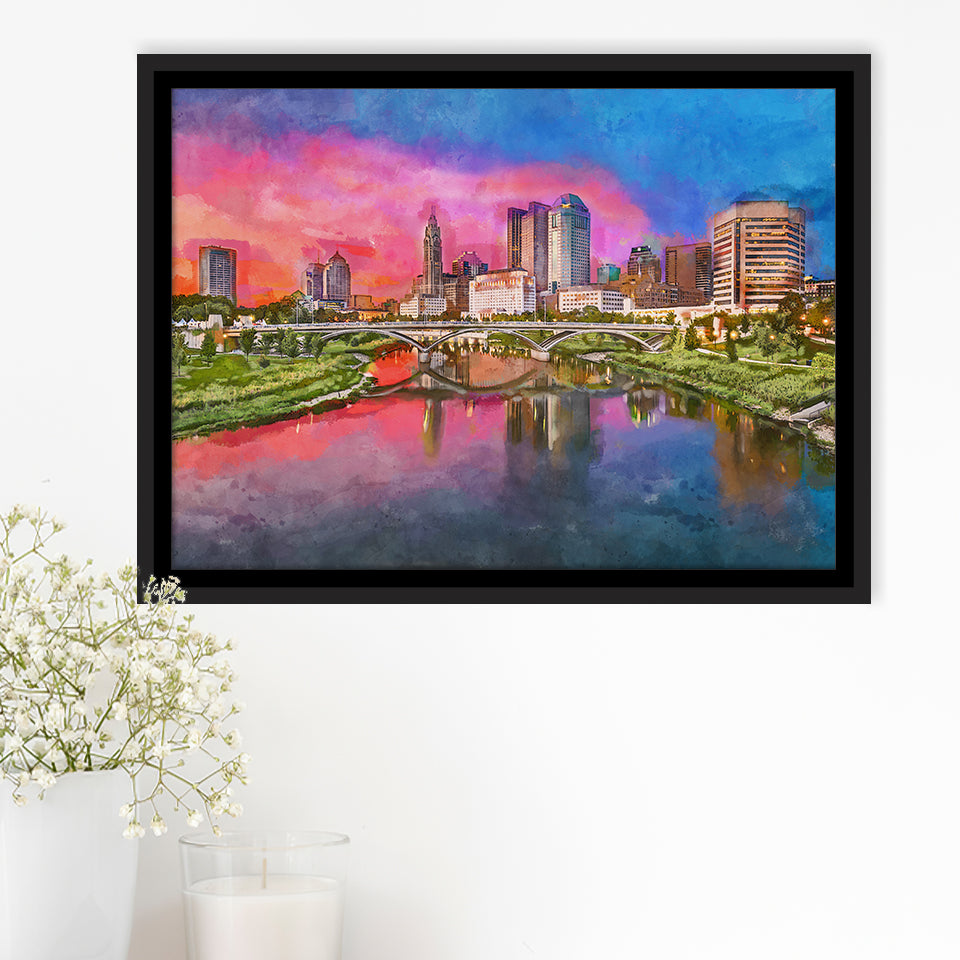 Columbus Ohio Usa Skyline On River City Art Watercolor Framed Canvas Prints Wall Art Home Decor,Floating Frame