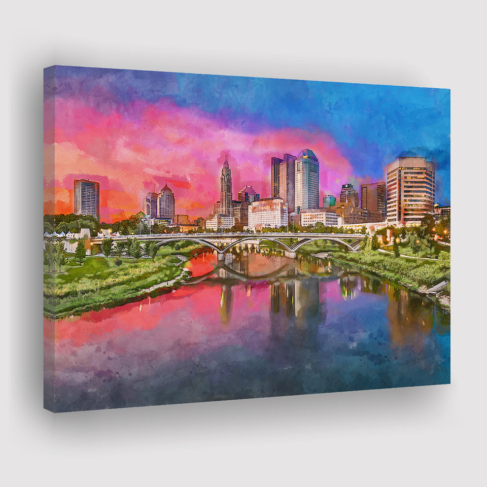 Columbus Ohio Usa Skyline On River City Art Watercolor Canvas Prints Wall Art Home Decor, Large Canvas