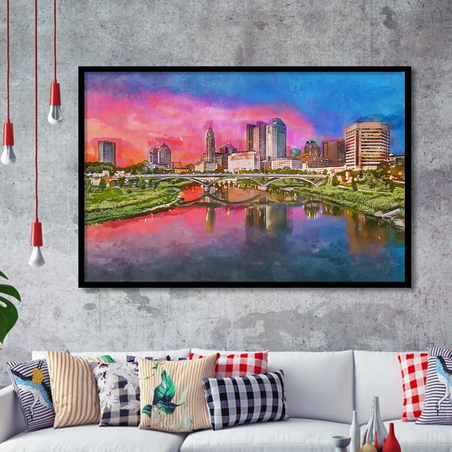 Columbus Ohio Usa Skyline On River City Art Watercolor Framed Art Prints Wall Art Decor,Framed Picture