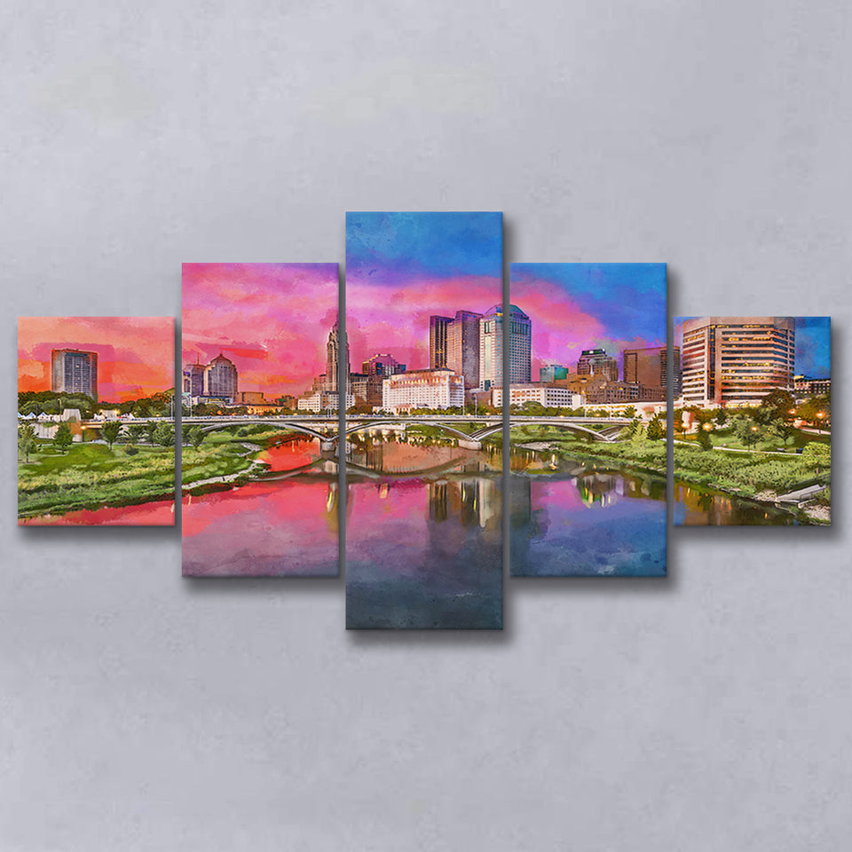 Columbus Ohio Usa Skyline On River 5 Pieces Mixed Canvas Prints Wall Art Home Decor