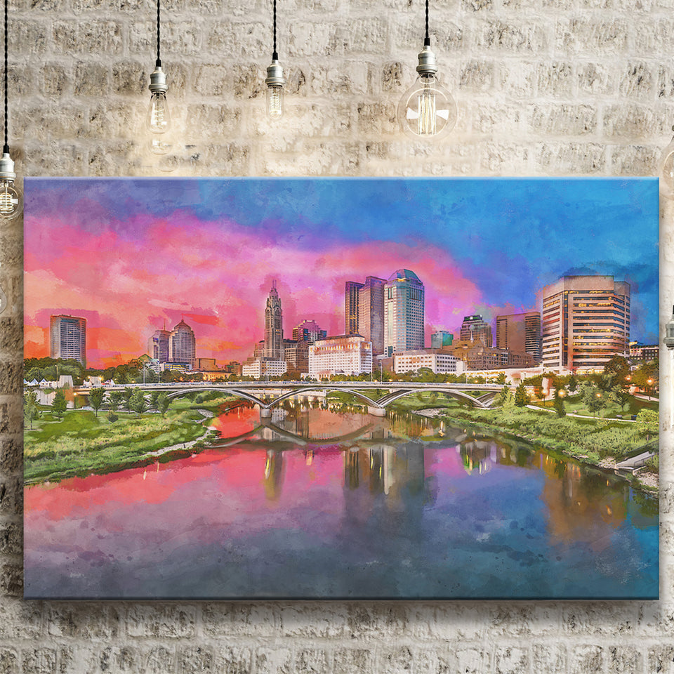 Columbus Ohio Usa Skyline On River City Art Watercolor Canvas Prints Wall Art Home Decor, Large Canvas