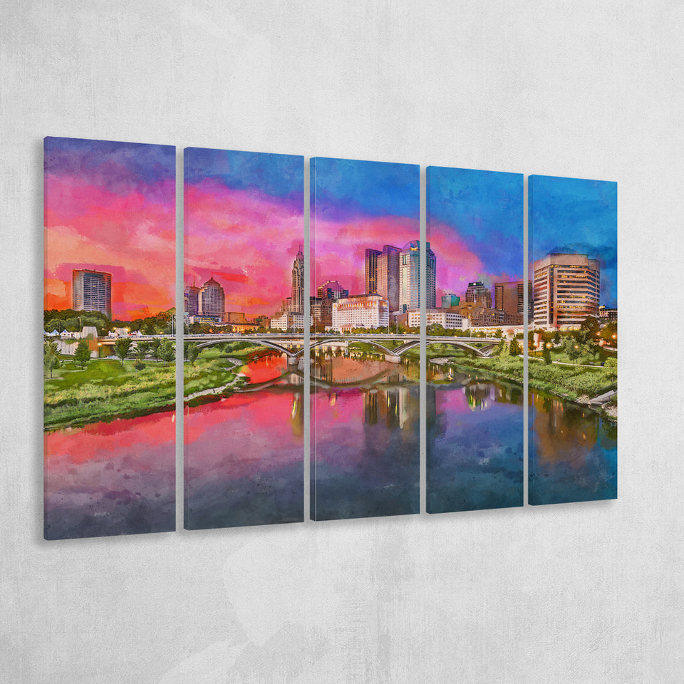 Columbus Ohio Usa Skyline On River 5 Pieces Extra Large Canvas Prints Wall Art Home Decor