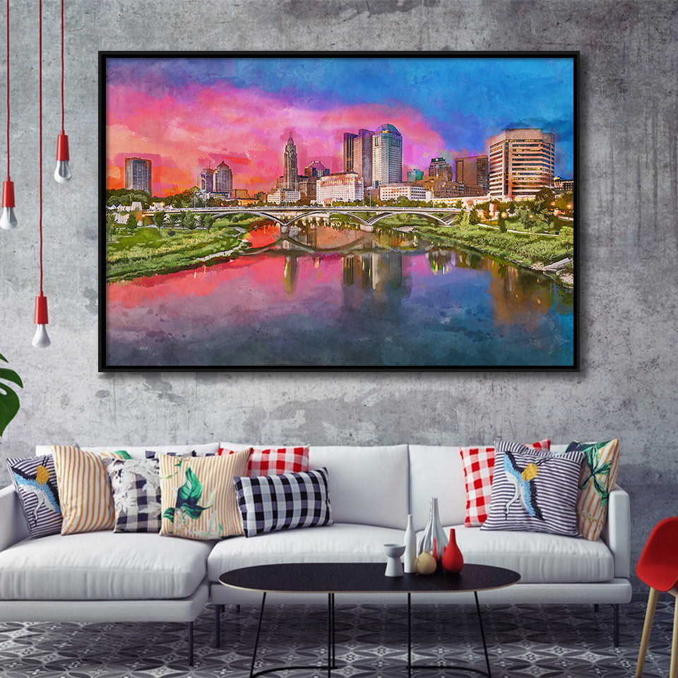 Columbus Ohio Usa Skyline On River City Art Watercolor Framed Canvas Prints Wall Art Home Decor,Floating Frame