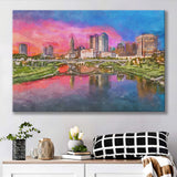 Columbus Ohio Usa Skyline On River City Art Watercolor Canvas Prints Wall Art Home Decor, Large Canvas