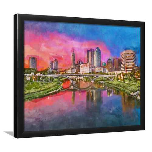 Columbus Ohio Usa Skyline On River City Art Watercolor Framed Art Prints Wall Art Decor,Framed Picture
