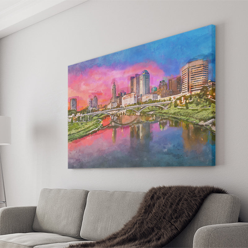 Columbus Ohio Usa Skyline On River City Art Watercolor Canvas Prints Wall Art Home Decor, Large Canvas