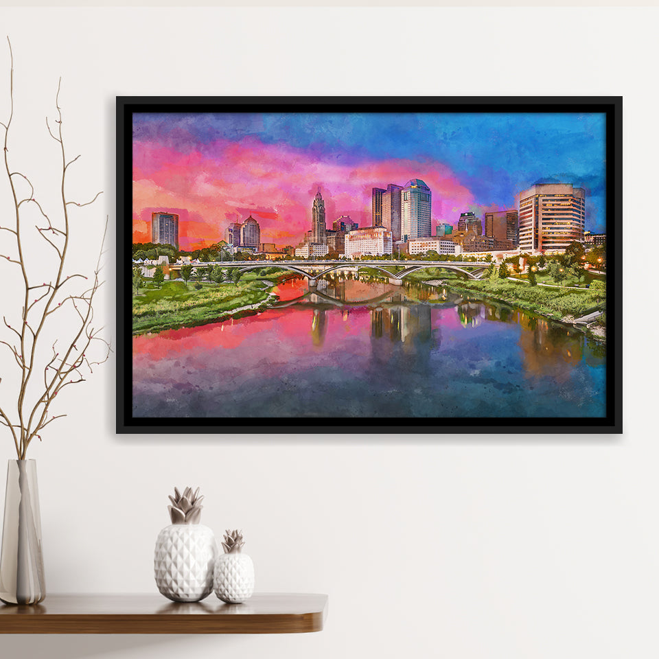 Columbus Ohio Usa Skyline On River City Art Watercolor Framed Canvas Prints Wall Art Home Decor,Floating Frame