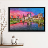 Columbus Ohio Usa Skyline On River City Art Watercolor Framed Canvas Prints Wall Art Home Decor,Floating Frame