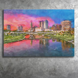 Columbus Ohio Usa Skyline On River City Art Watercolor Canvas Prints Wall Art Home Decor, Large Canvas