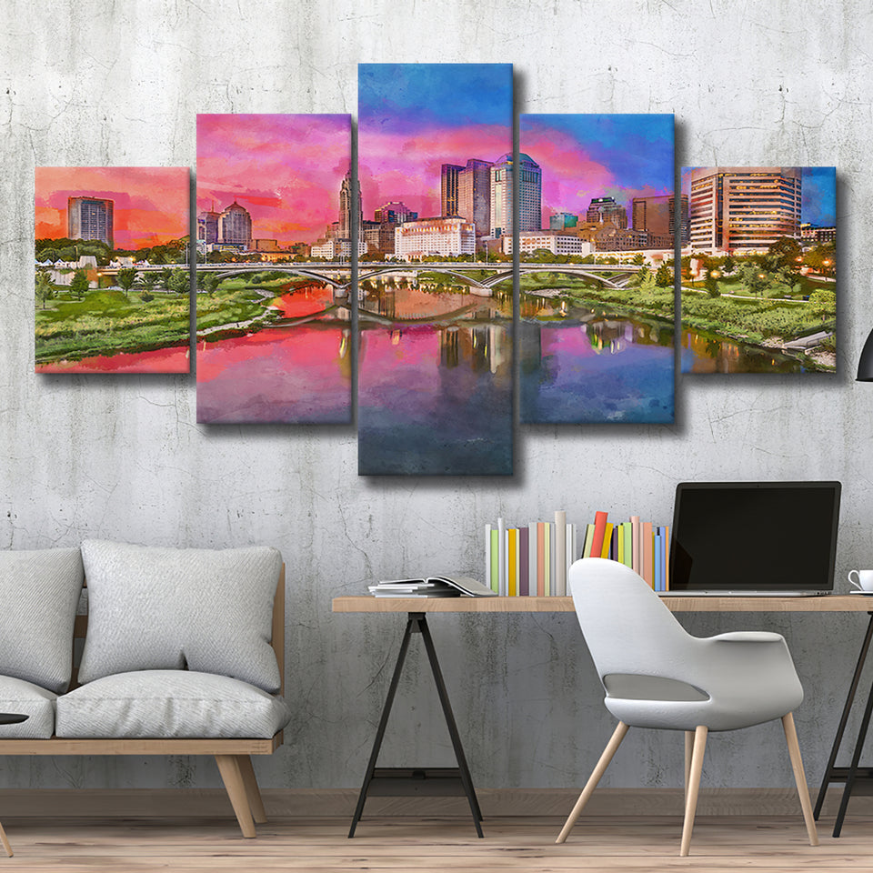 Columbus Ohio Usa Skyline On River 5 Pieces Mixed Canvas Prints Wall Art Home Decor