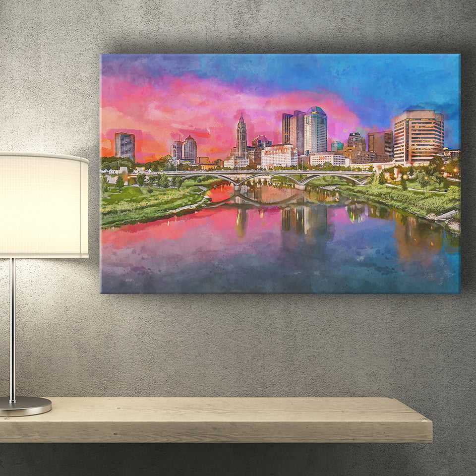 Columbus Ohio Usa Skyline On River City Art Watercolor Canvas Prints Wall Art Home Decor, Large Canvas