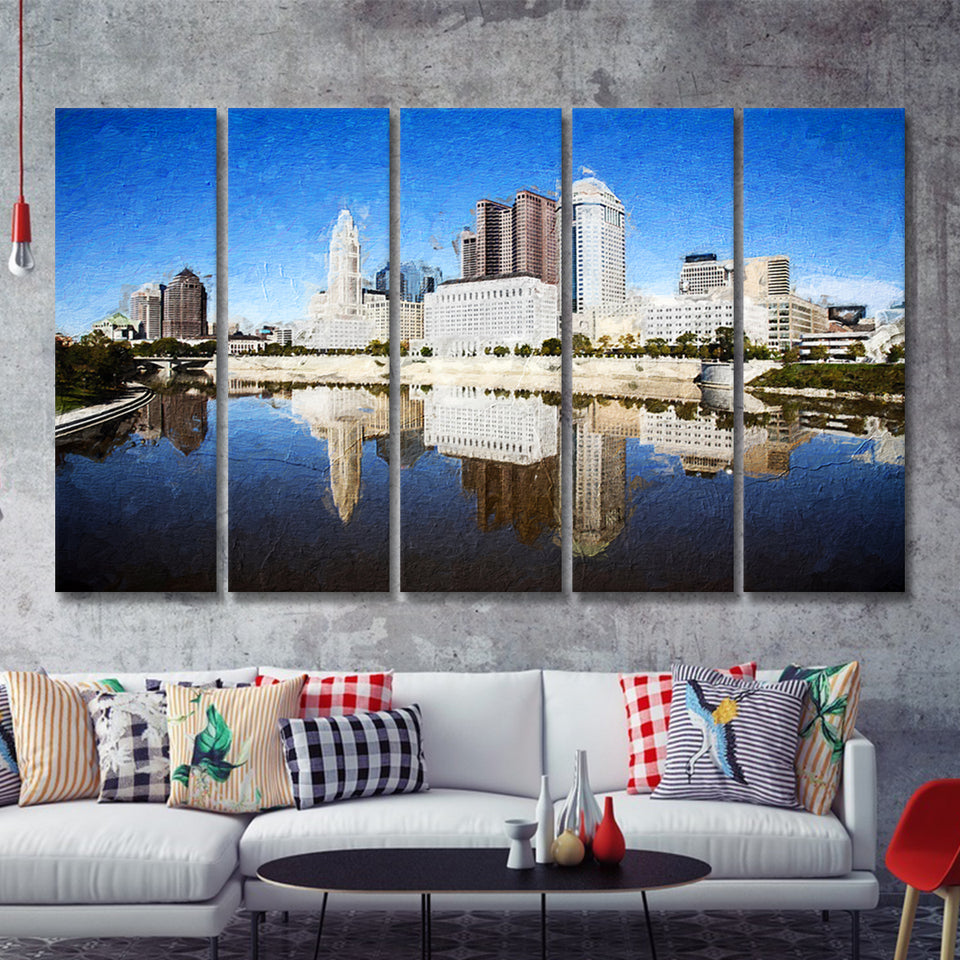 Columbus Skyline 5 Piece B Canvas Prints Wall Art Decor - Painting Canvas, Multi Panels