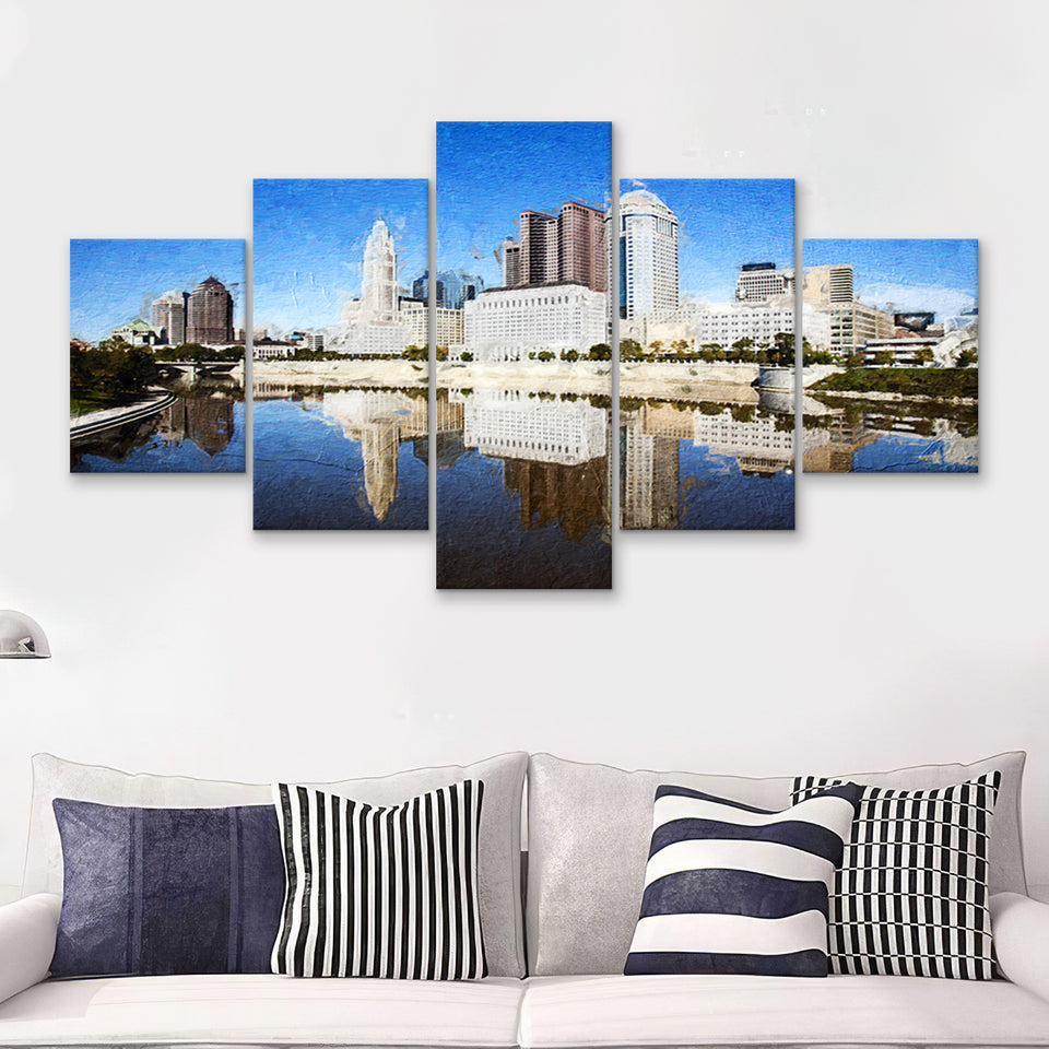 Columbus Skyline 5 Piece Canvas Prints Wall Art Decor - Painting Canvas, Multi Panels