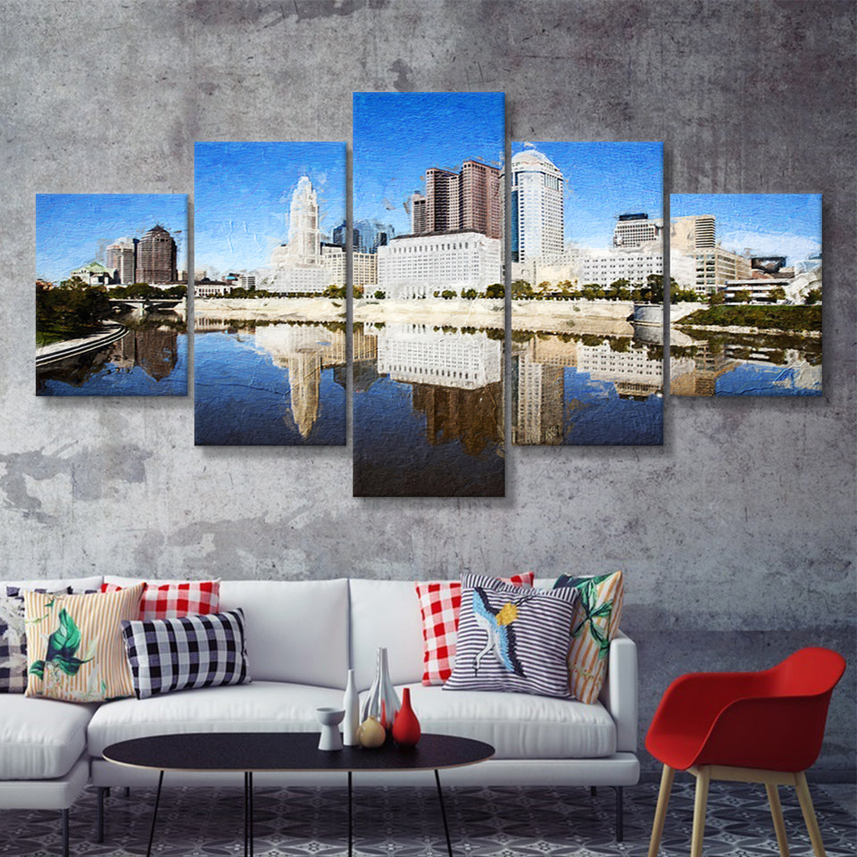 Columbus Skyline 5 Piece Canvas Prints Wall Art Decor - Painting Canvas, Multi Panels