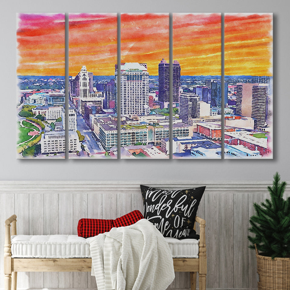 Columbus Watercolor Columbus Ohio, 5 Pieces B, Multi Panel Canvas Prints Wall Art Decor
