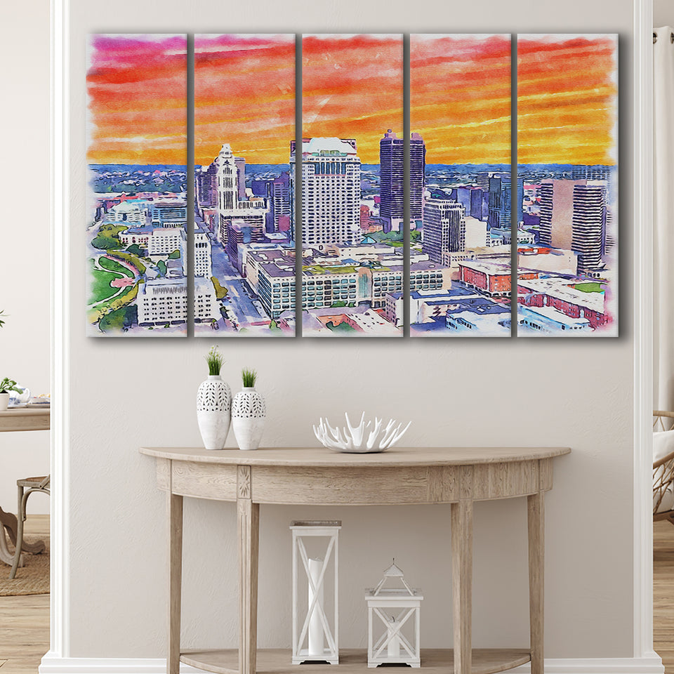 Columbus Watercolor Columbus Ohio, 5 Pieces B, Multi Panel Canvas Prints Wall Art Decor