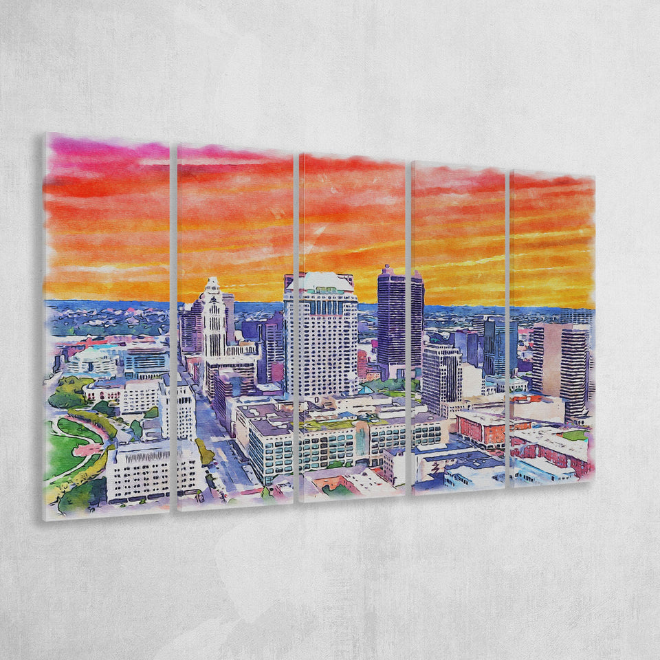 Columbus Watercolor Columbus Ohio, 5 Pieces B, Multi Panel Canvas Prints Wall Art Decor
