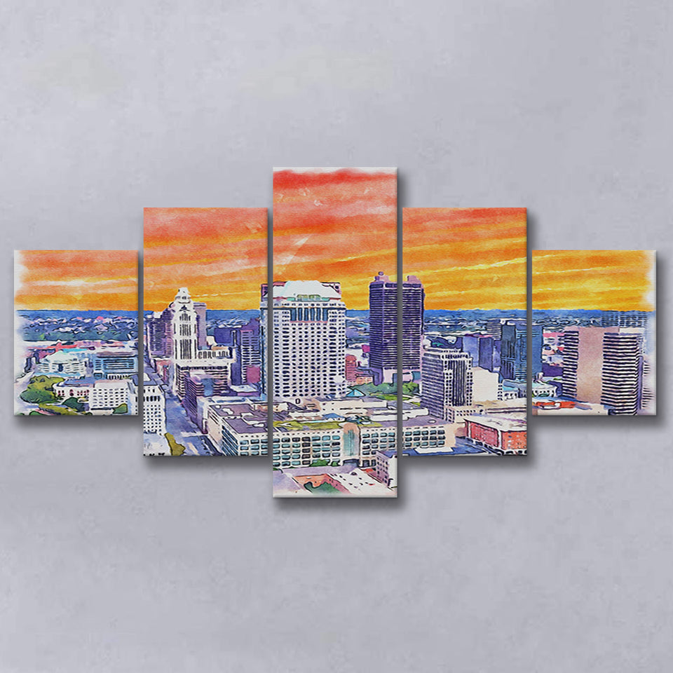 Columbus Watercolor Columbus Ohio, 5 Pieces, Multi Panel Canvas Prints Wall Art Decor