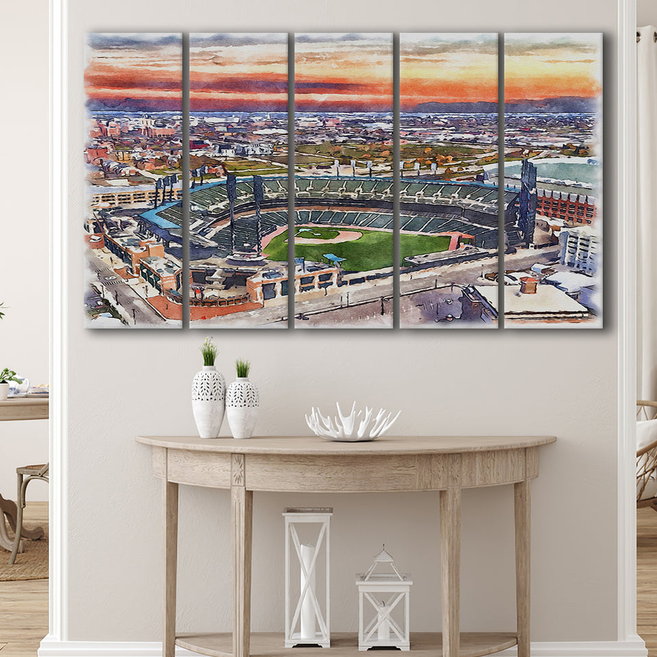 Comerica Park Tigers Watercolor, 5 Pieces B, Multi Panel Canvas Prints Wall Art Decor