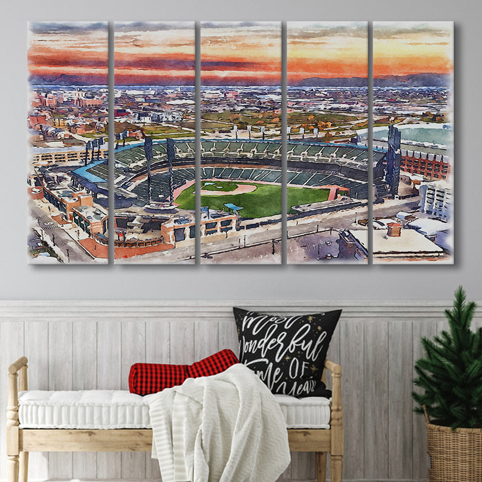 Comerica Park Tigers Watercolor, 5 Pieces B, Multi Panel Canvas Prints Wall Art Decor