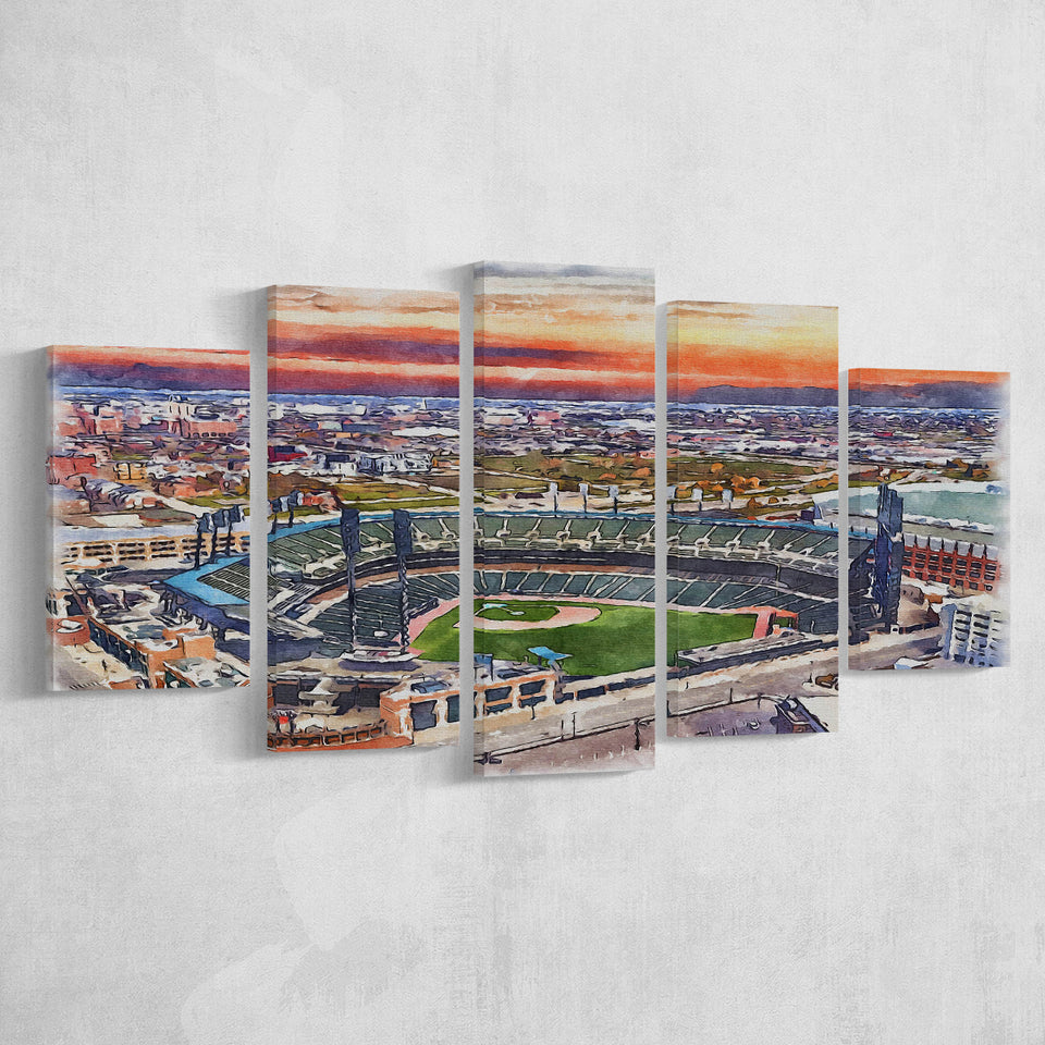 Comerica Park Tigers Watercolor, 5 Pieces, Multi Panel Canvas Prints Wall Art Decor