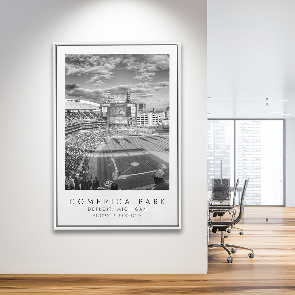 Comerica Park Detroit Tigers Baseball Lovers Black And White Art Framed Canvas Prints Wall Art Home Decor, Floating Frame