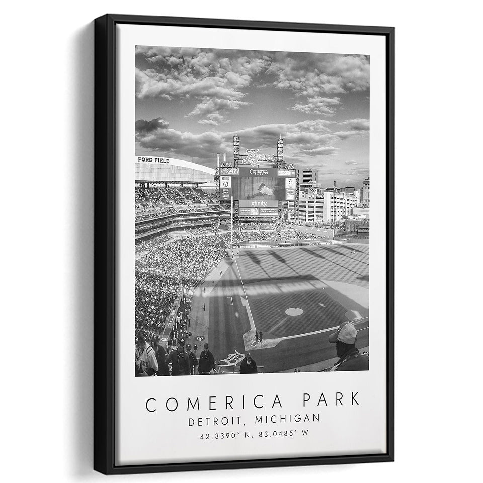 Comerica Park Detroit Tigers Baseball Lovers Black And White Art Framed Canvas Prints Wall Art Home Decor, Floating Frame