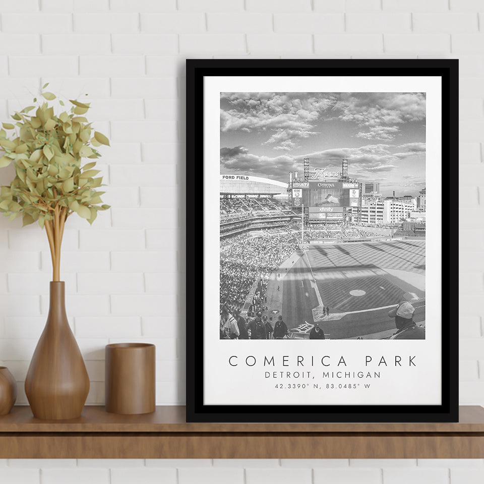 Comerica Park Detroit Tigers Baseball Lovers Black And White Art Framed Canvas Prints Wall Art Home Decor, Floating Frame