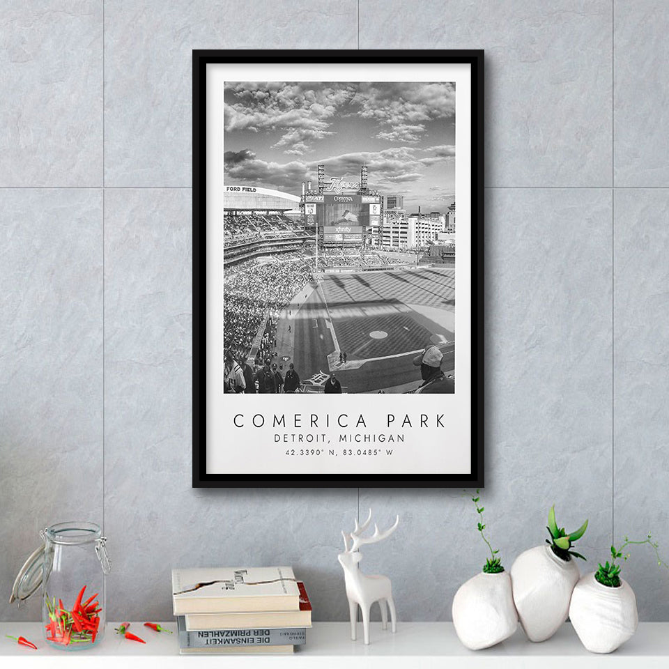 Comerica Park Detroit Tigers Baseball Lovers Black And White Art Framed Canvas Prints Wall Art Home Decor, Floating Frame