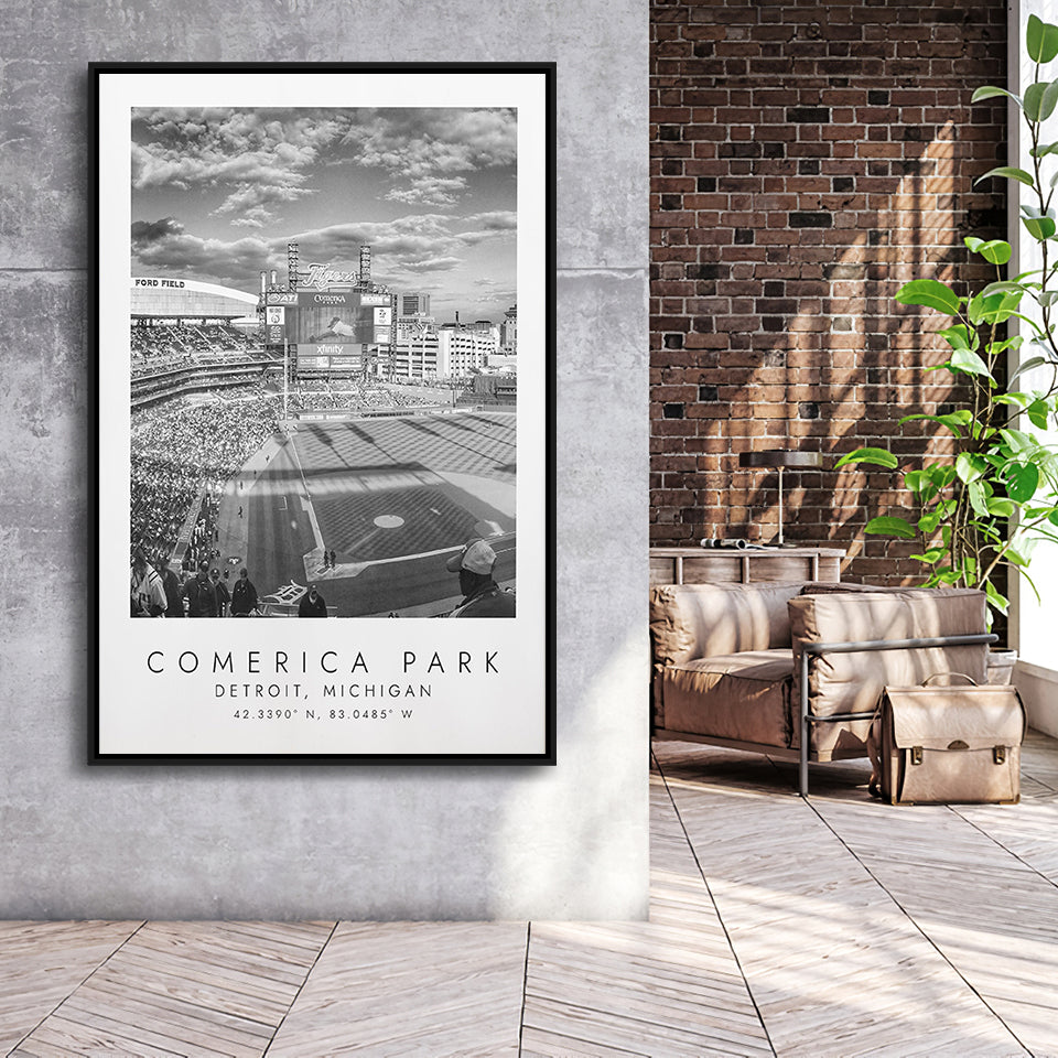 Comerica Park Detroit Tigers Baseball Lovers Black And White Art Framed Canvas Prints Wall Art Home Decor, Floating Frame