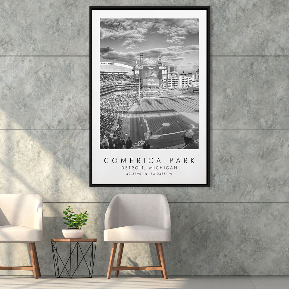 Comerica Park Detroit Tigers Baseball Lovers Black And White Art Framed Canvas Prints Wall Art Home Decor, Floating Frame