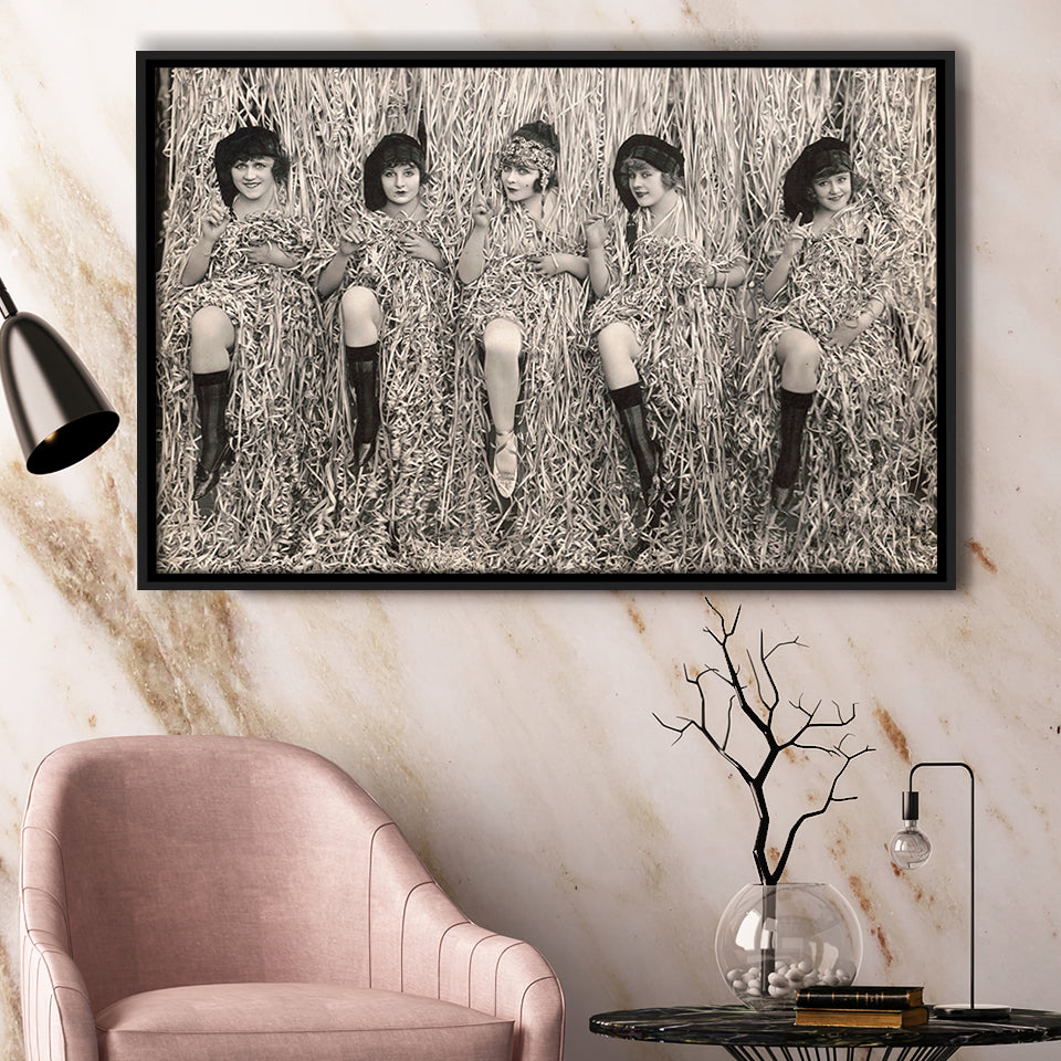 Confetti Girls Photo Black And White Print, Retro Hollywood Flapper Girls Framed Canvas Prints Wall Art Home Decor,Floating Frame