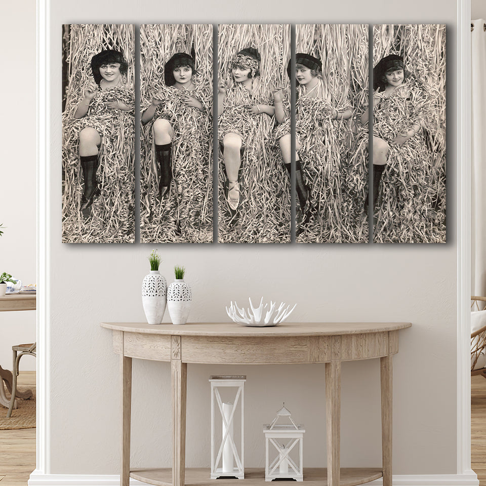 Confetti Girls Photo Black And White Print, Retro Hollywood Flapper Girls Larger Canvas Art, 5 Piece Canvas Prints Wall Art Decor