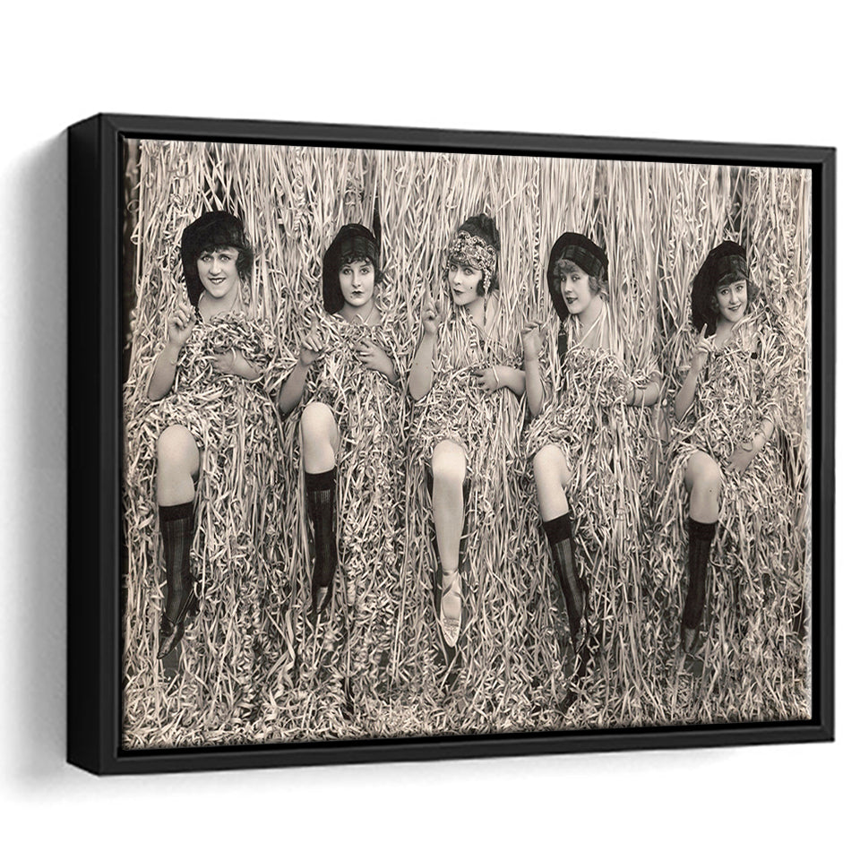 Confetti Girls Photo Black And White Print, Retro Hollywood Flapper Girls Framed Canvas Prints Wall Art Home Decor,Floating Frame